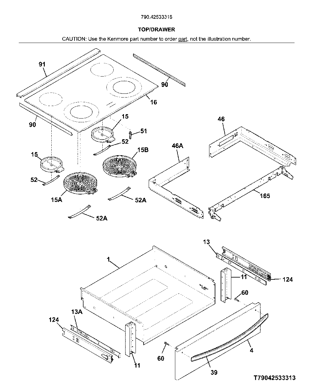 Top/drawer Diagram and Parts List for 79042533318  Kenmore Range
