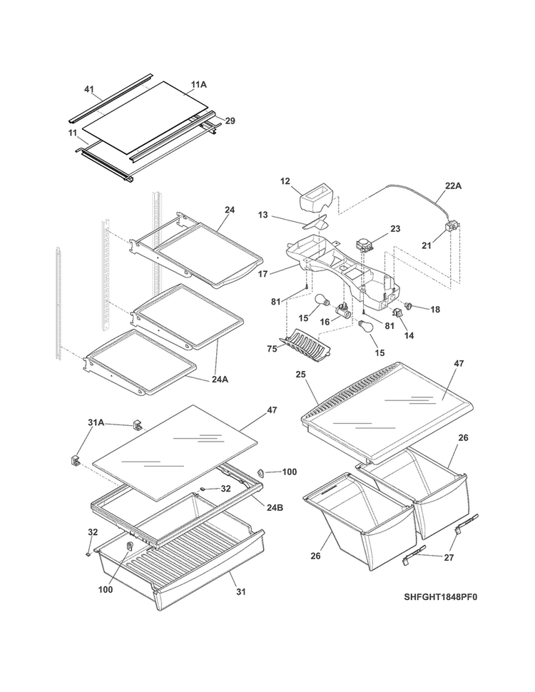 Shelves Diagram and Parts List for FGHT1848PF2  Frigidaire Refrigerator