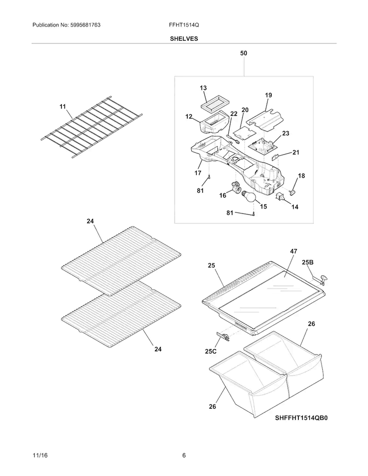 Shelves Diagram and Parts List for FFHT1514QW4  Frigidaire Refrigerator