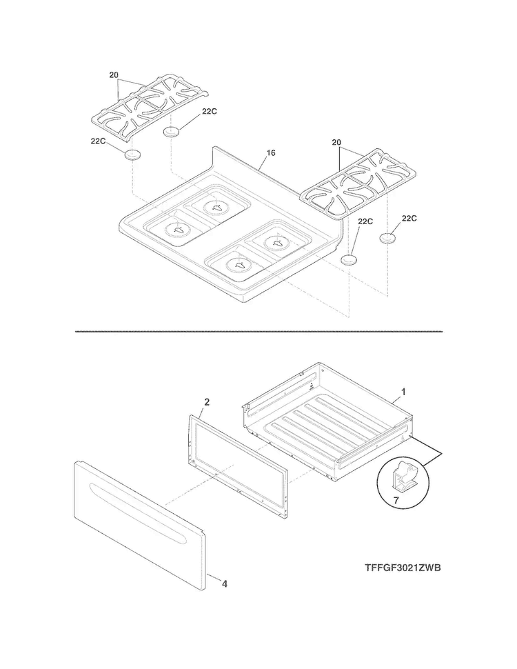 Top/drawer Diagram and Parts List for FFGF3021ZWD  Frigidaire Range
