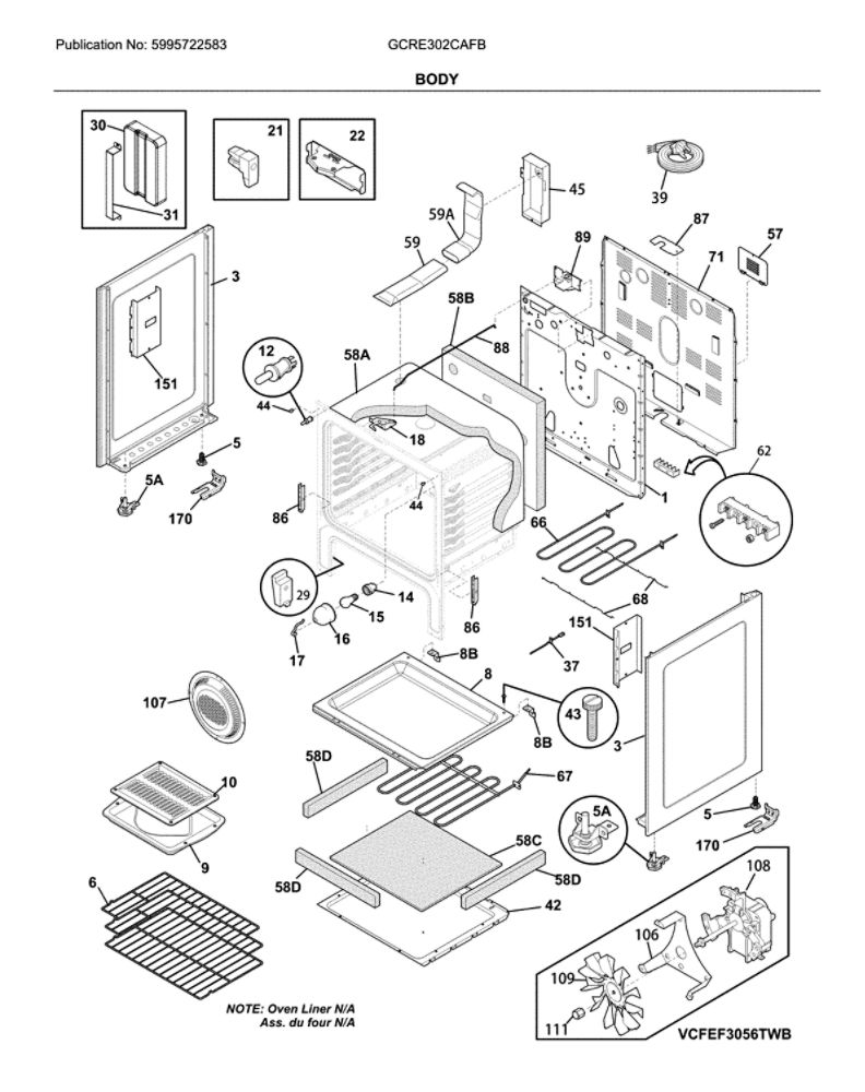 Body Diagram and Parts List for GCRE302CAFB  Frigidaire Range