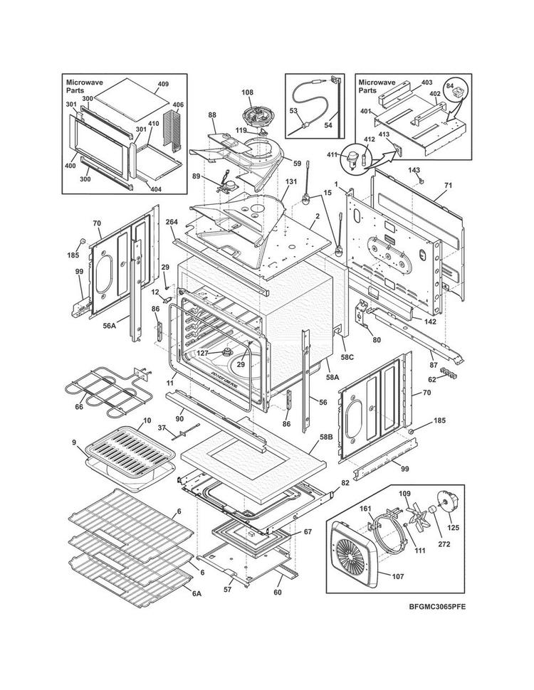 Lower Oven Diagram and Parts List for FGMC3065PFE  Frigidaire Microwave Oven Combo