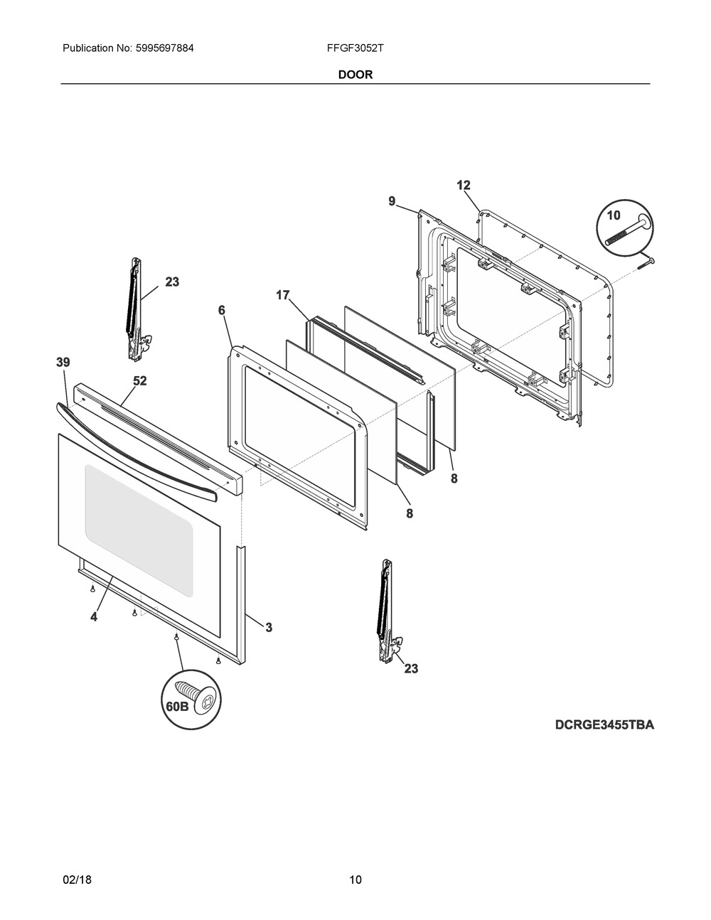 Door Diagram and Parts List for FFGF3052TBA  Frigidaire Range