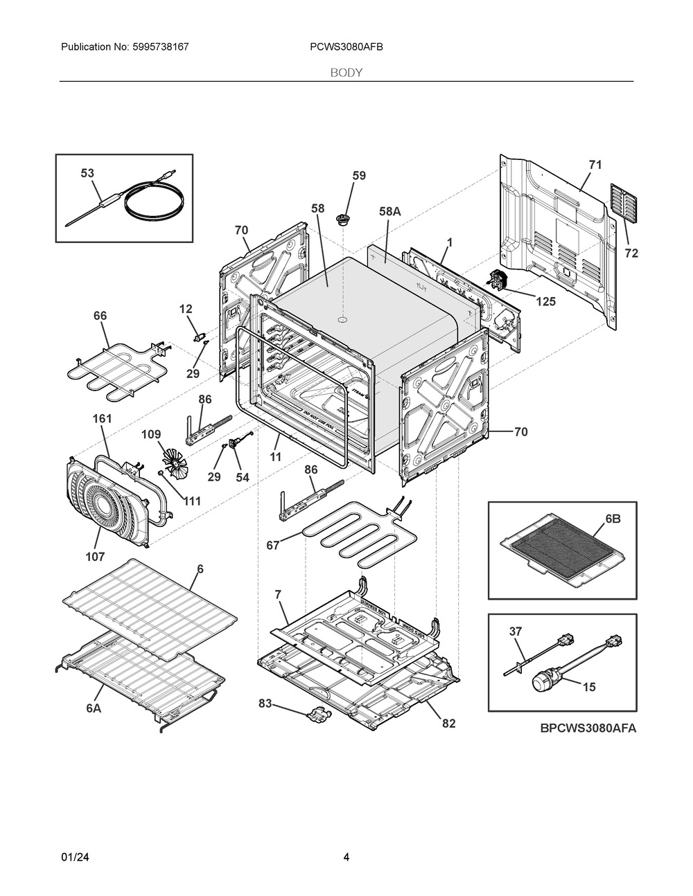 Body Diagram and Parts List for PCWS3080AFB  Frigidaire Wall Oven