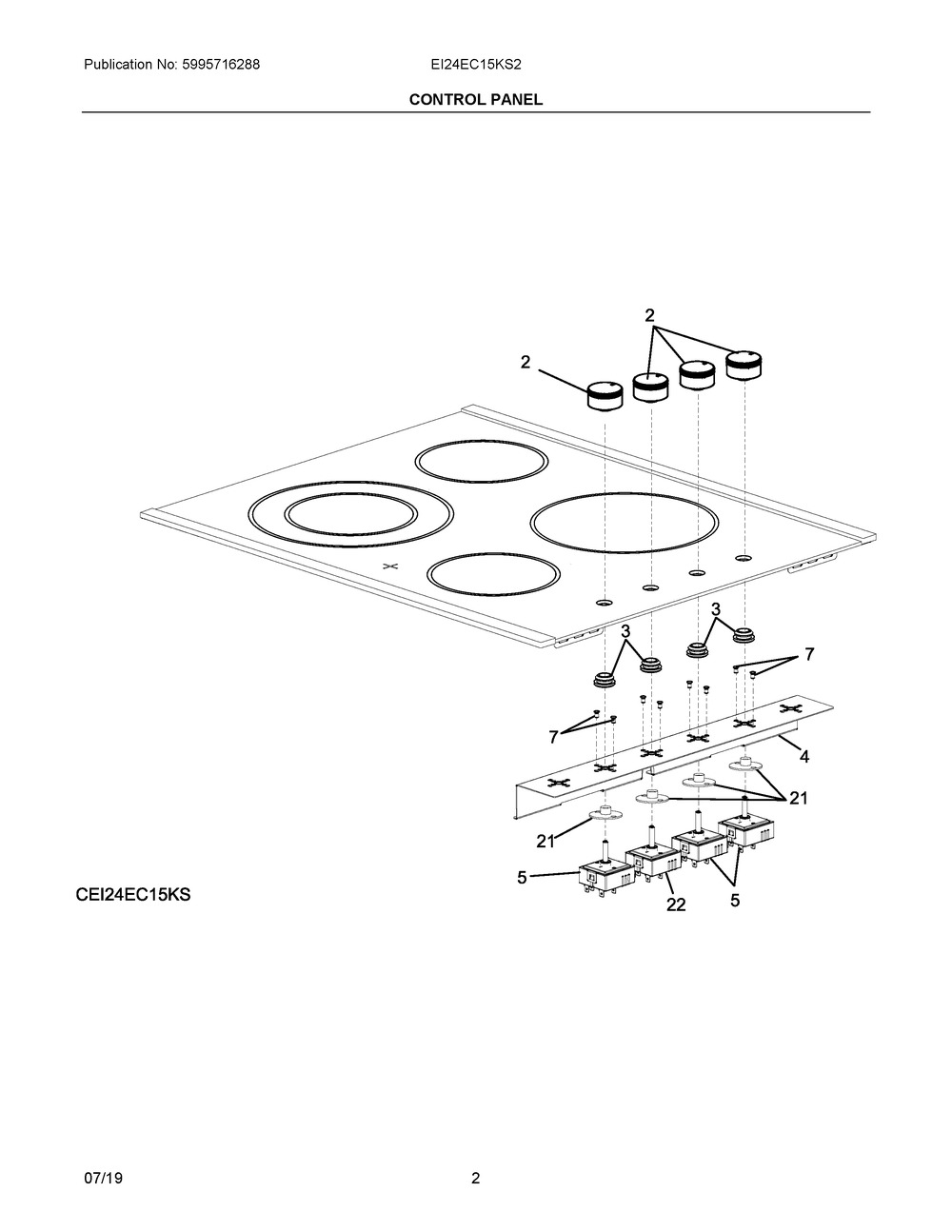 Control Panel Diagram and Parts List for EI24EC15KS2  Frigidaire Cooktop
