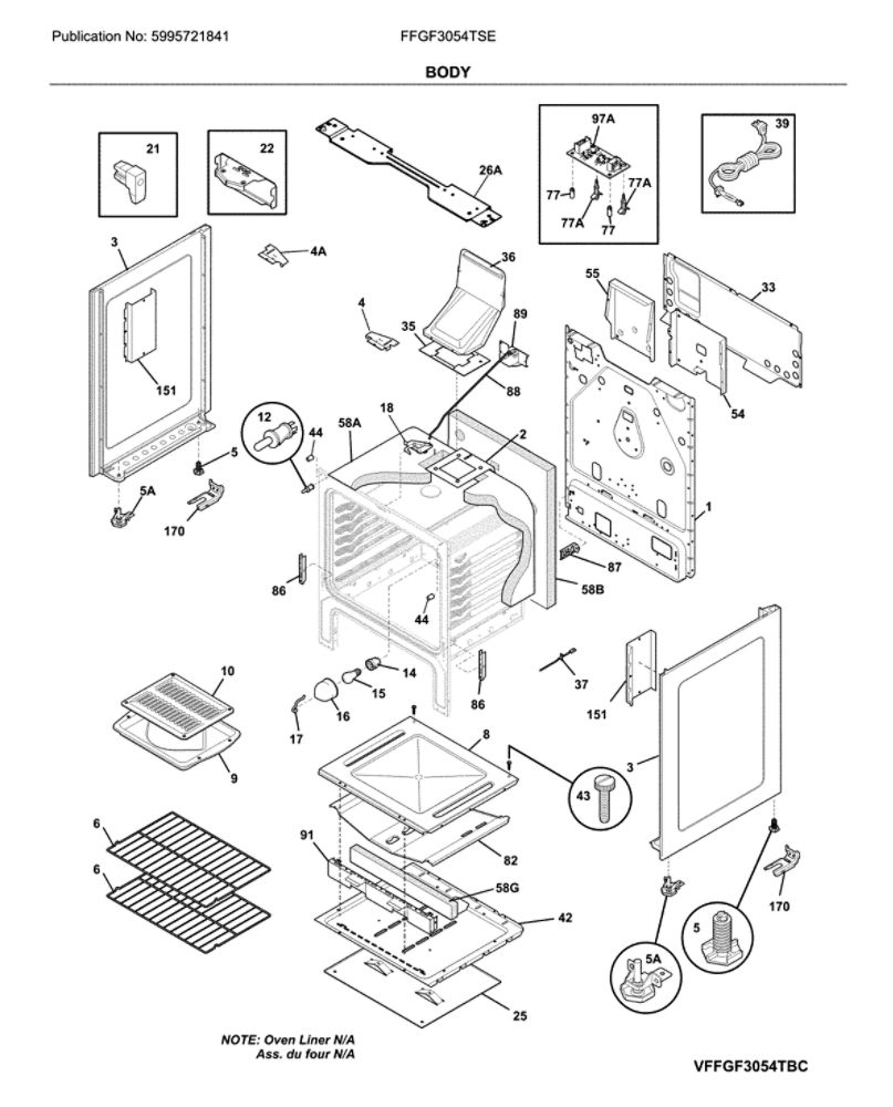 Body Diagram and Parts List for FFGF3054TSE  Frigidaire Range
