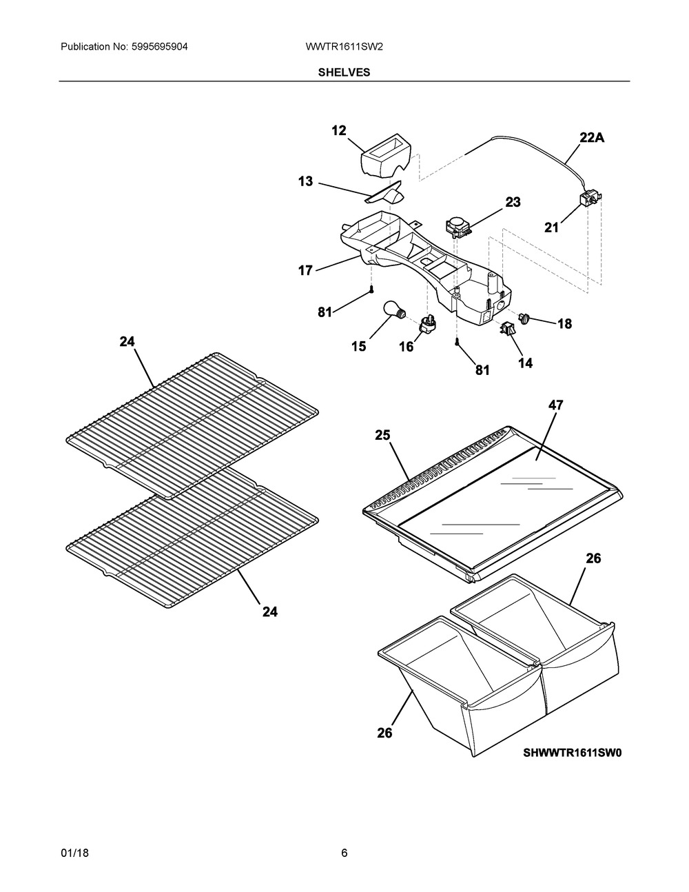 Shelves Diagram and Parts List for WWTR1611SW2  Frigidaire Refrigerator