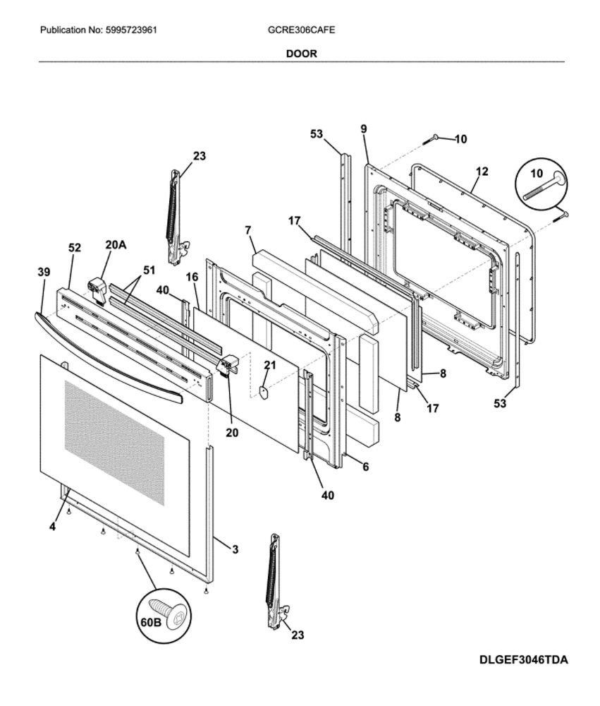 Door Diagram and Parts List for GCRE306CAFE  Frigidaire Range