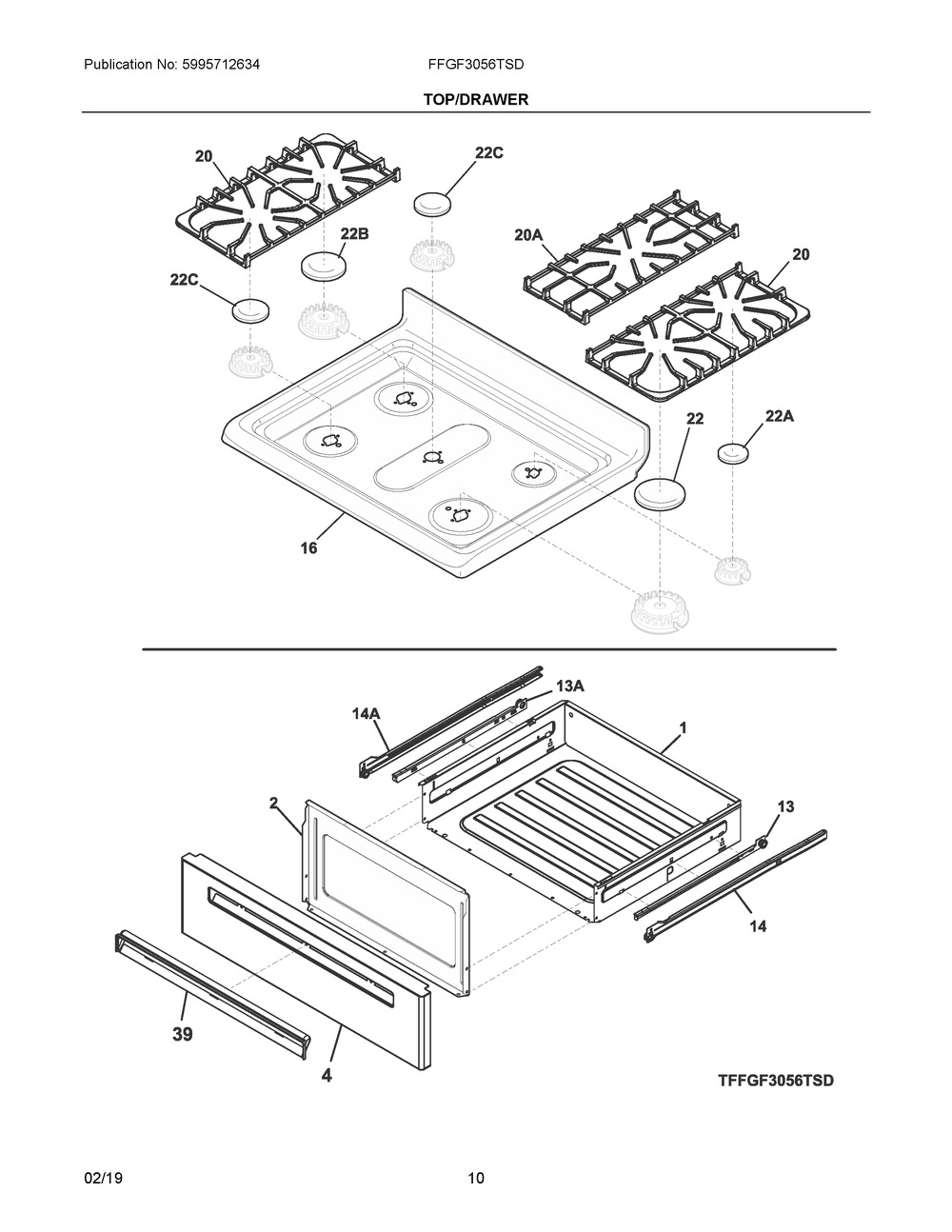 Top/drawer Diagram and Parts List for FFGF3056TSD  Frigidaire Range