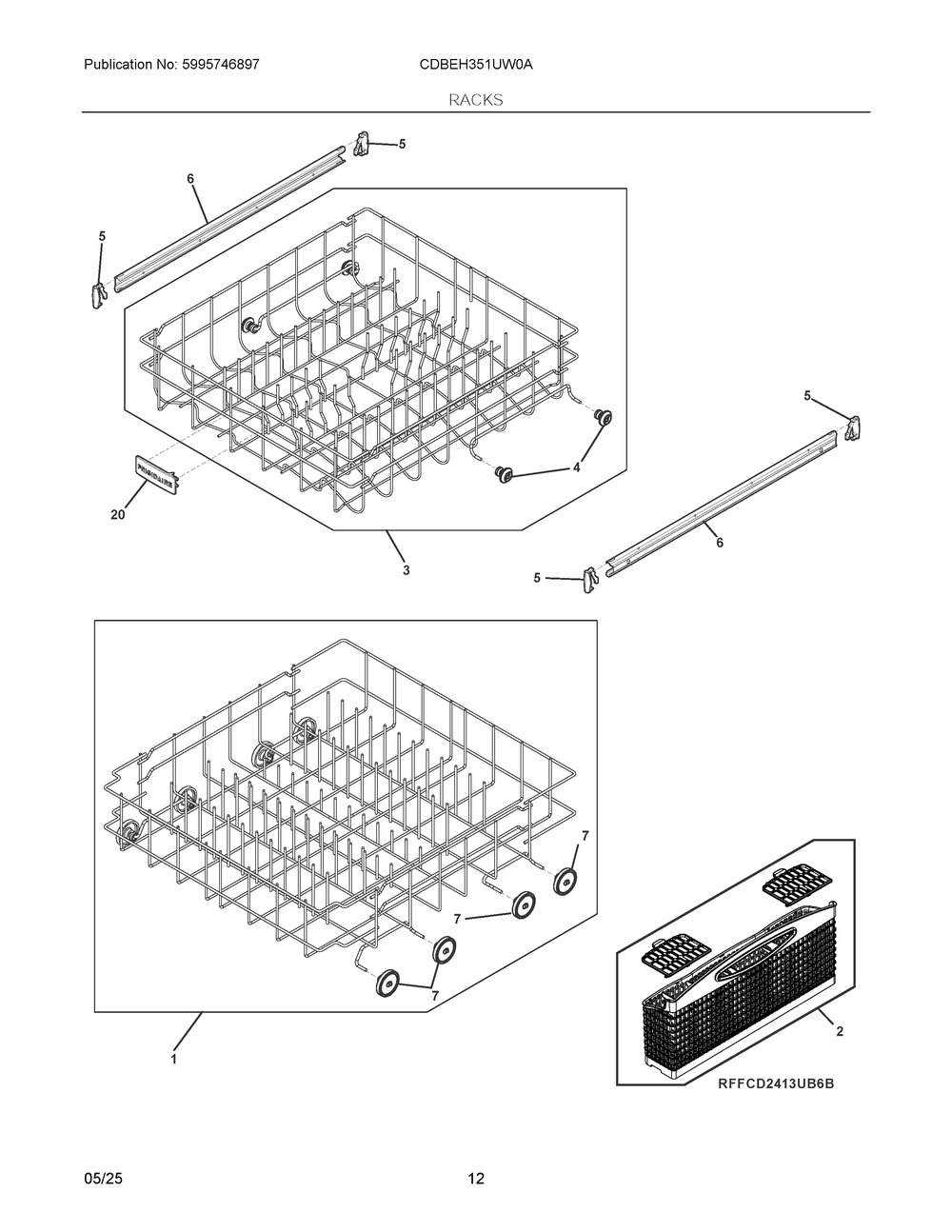 Racks Diagram and Parts List for CDBEH351UW0A  Frigidaire Dishwasher