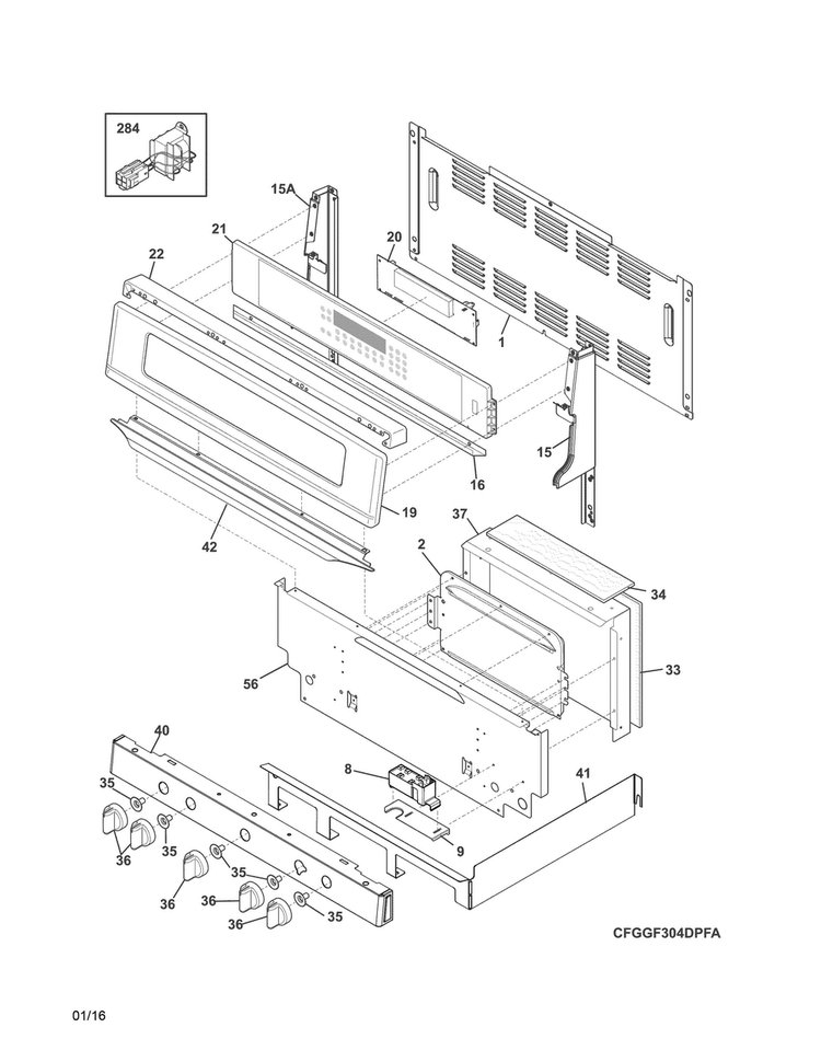 Backguard Diagram and Parts List for FGGF304DPFC  Frigidaire Range