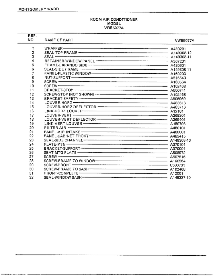 Room Air Conditioner Page 2 Diagram and Parts List for 5077A  Frigidaire Air Conditioner