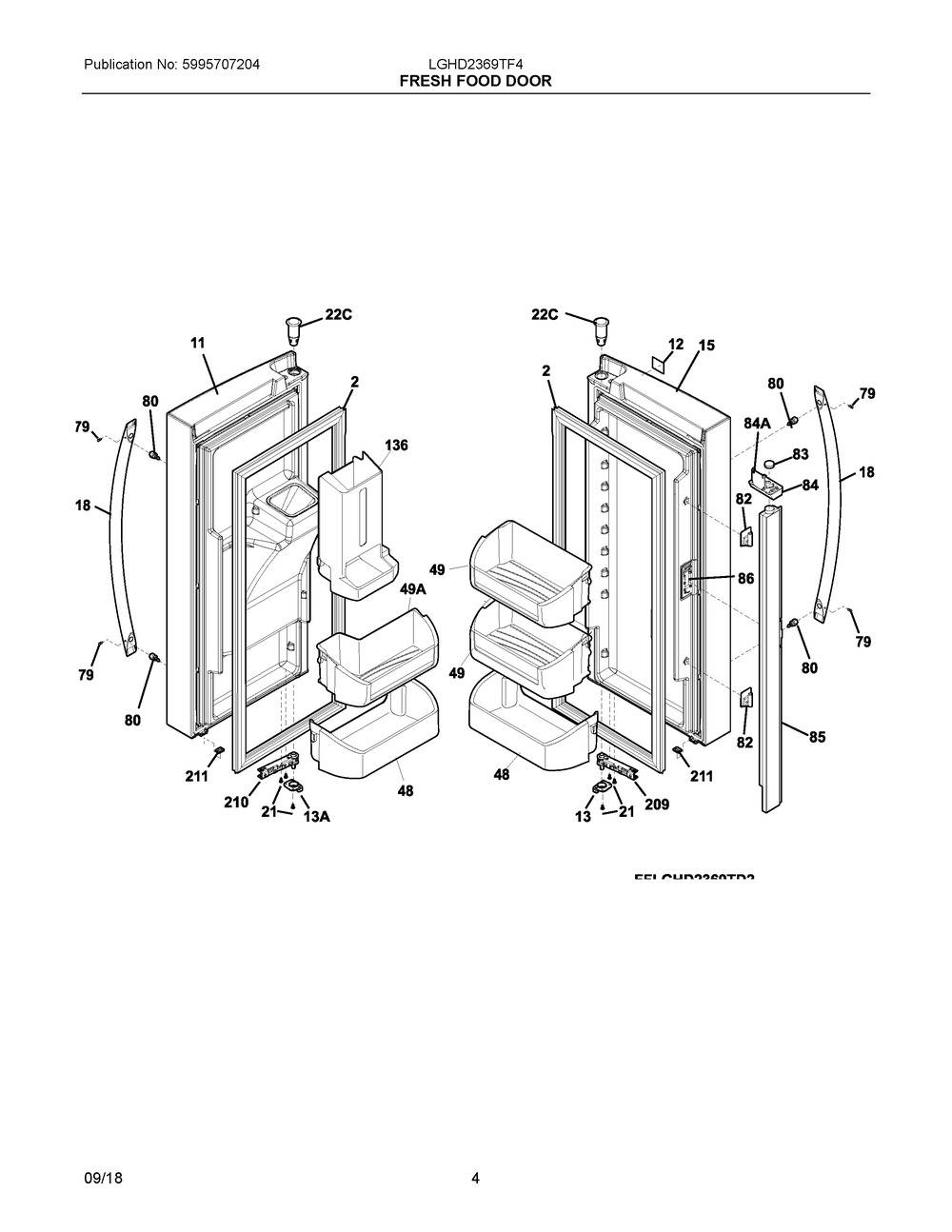 Fresh Food Door Diagram and Parts List for LGHD2369TF4  Frigidaire Refrigerator