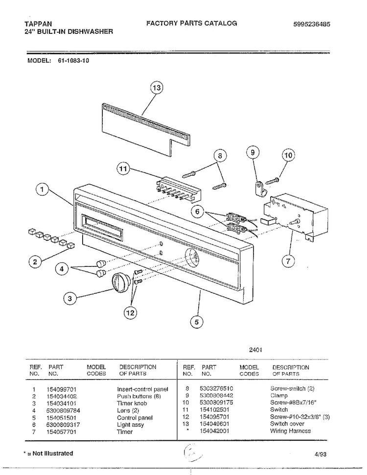 Control Panel Diagram and Parts List for 61-1083-10  Frigidaire Dishwasher