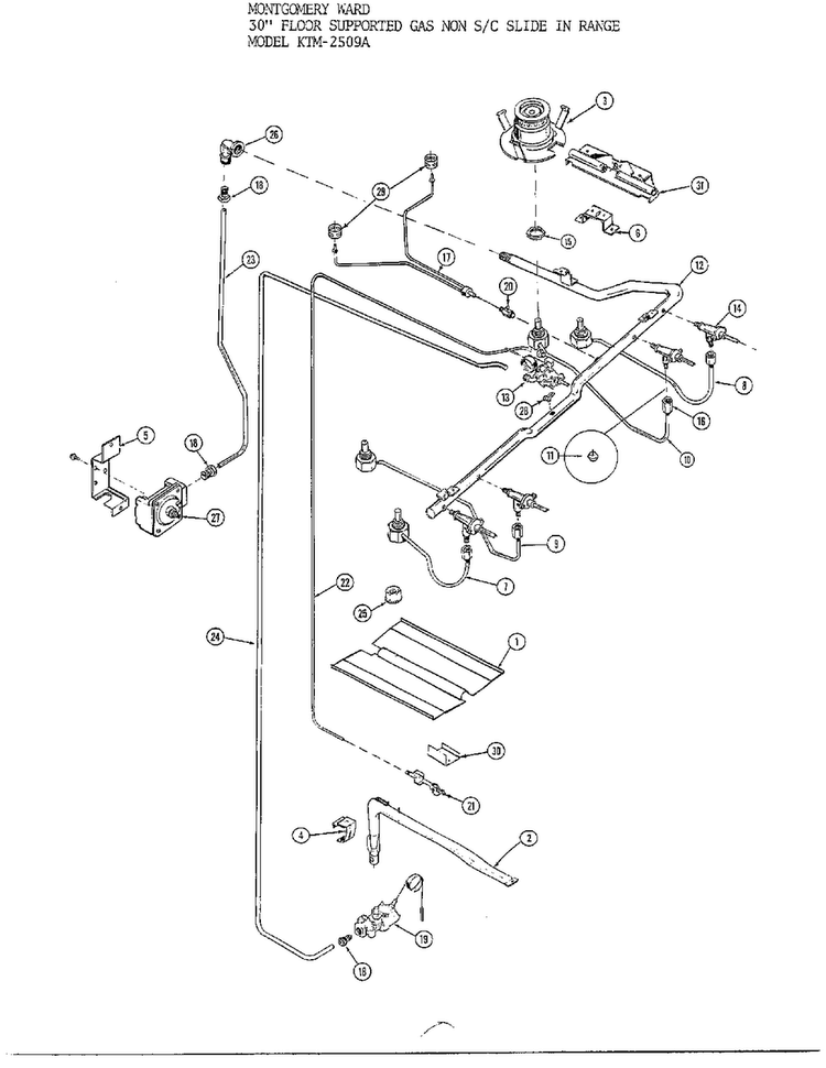 30" Floor Gas/burner Diagram and Parts List for 2509A  Frigidaire Range