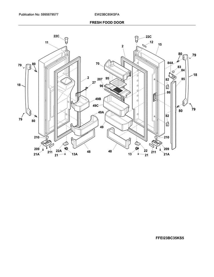 Fresh Food Doors Diagram and Parts List for EW23BC85KSFA  Electrolux Refrigerator