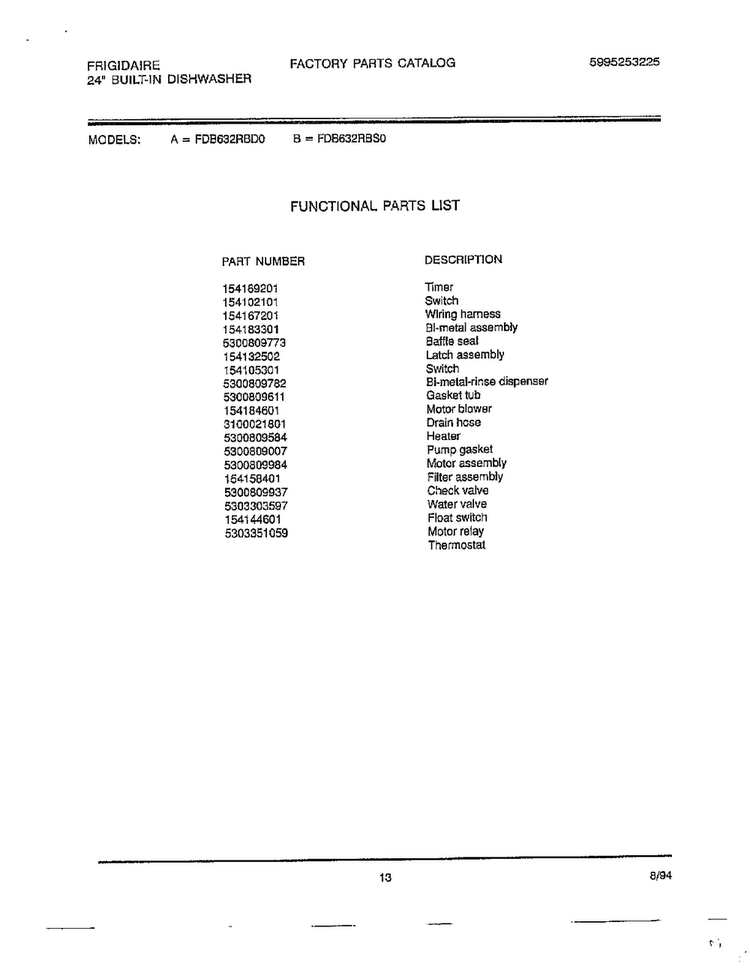 Functional Parts List Diagram and Parts List for 763  Frigidaire Dishwasher