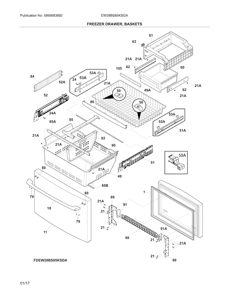 Freezer Drawer, Baskets Diagram and Parts List for EW28BS85KSGA  Electrolux Refrigerator