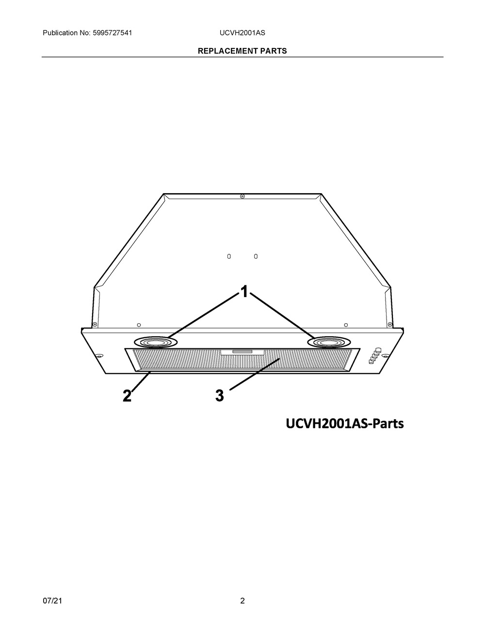 Replacement Parts Diagram and Parts List for UCVH2001AS  Frigidaire Range Hood