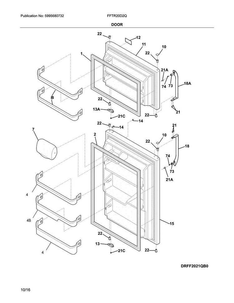 Door Diagram and Parts List for FFTR20D2QW2  Frigidaire Refrigerator