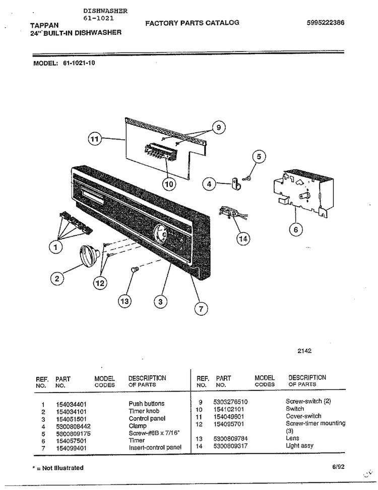 24" Built-in Dishwasher Diagram and Parts List for 61-1021  Tappan Dishwasher