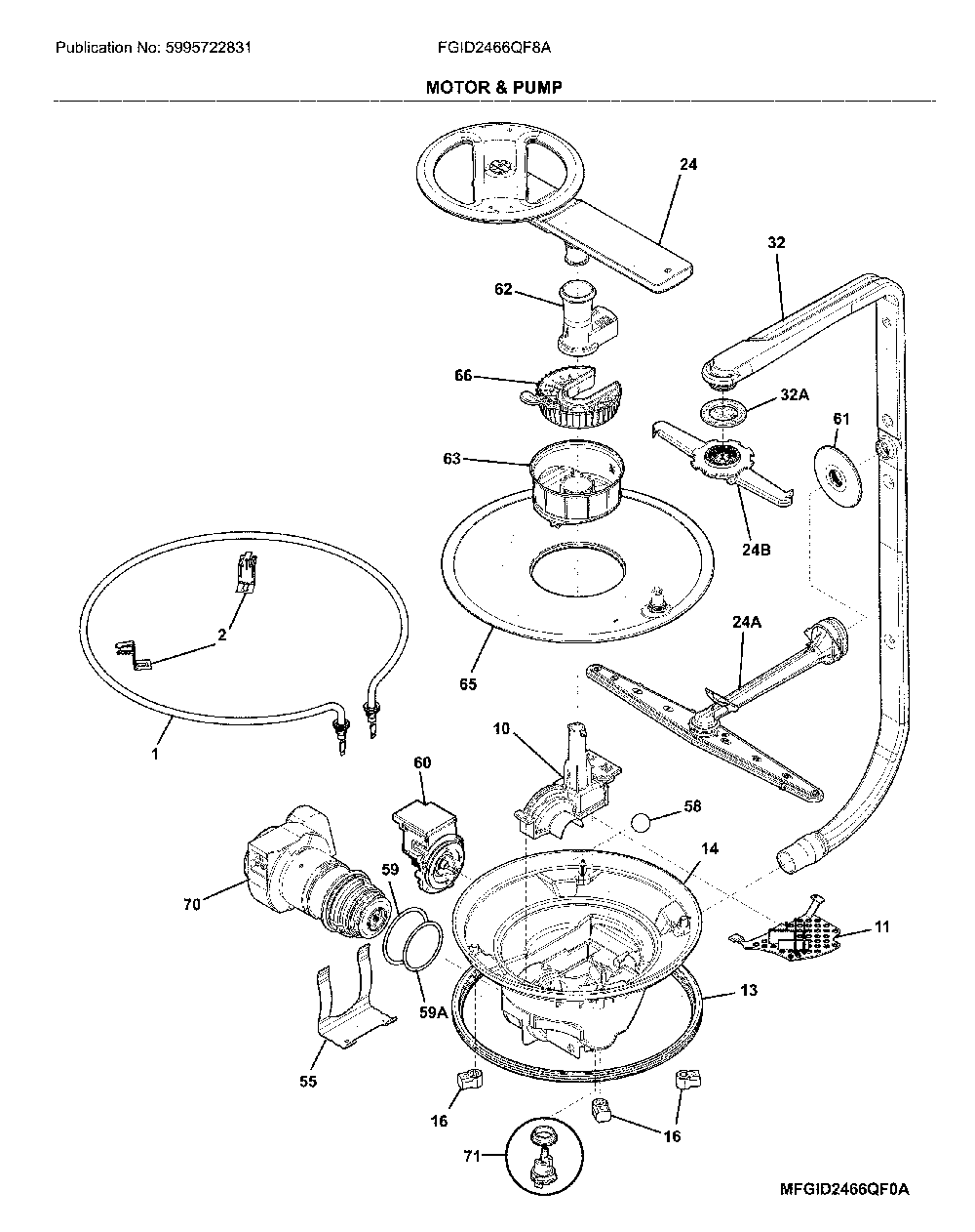 Motor & pump Diagram and Parts List for FGID2466QF8A  Frigidaire Dishwasher