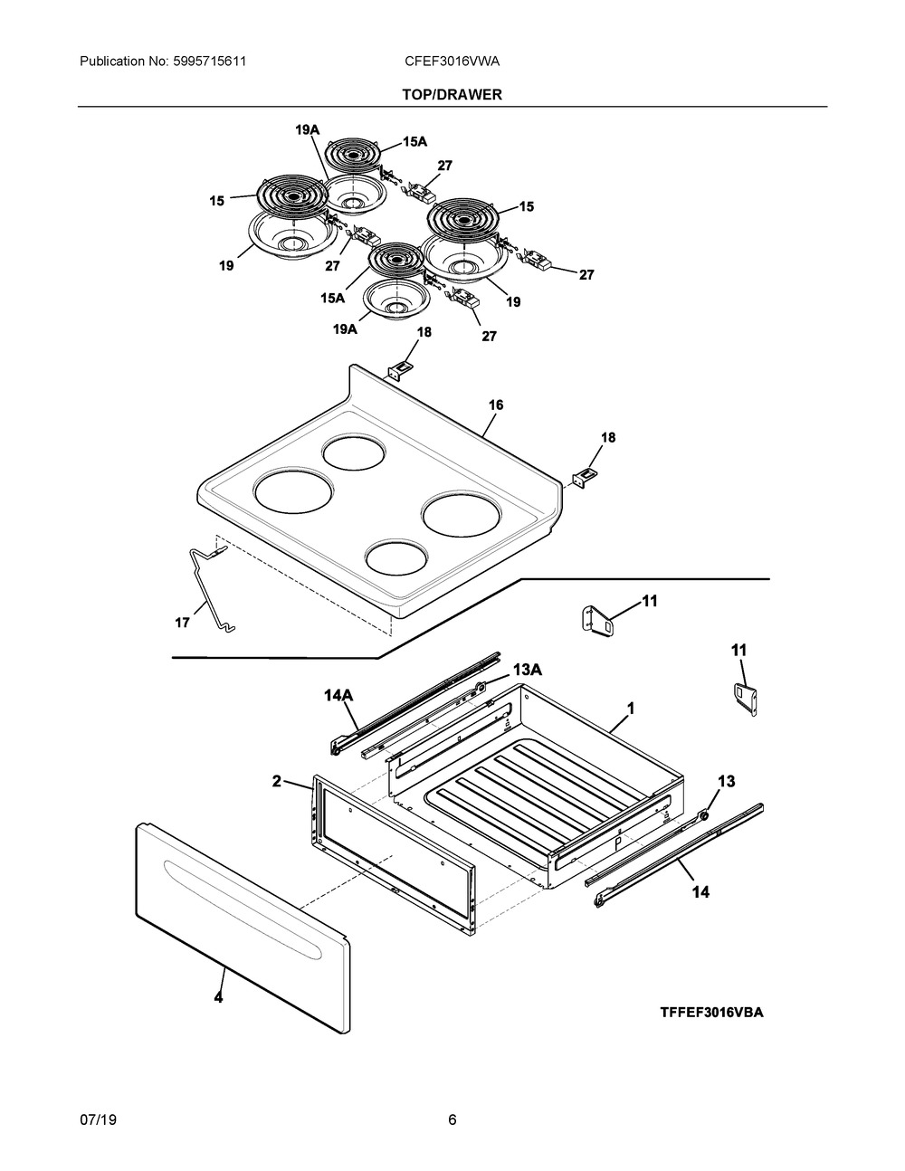 Top/drawer Diagram and Parts List for CFEF3016VWA  Frigidaire Range