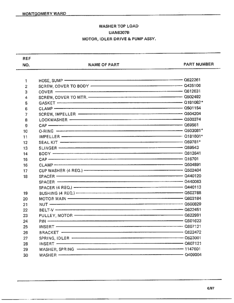 Motor, Idler Drive And Pump Assy Page 2 Diagram and Parts List for 6307B  Frigidaire Washer