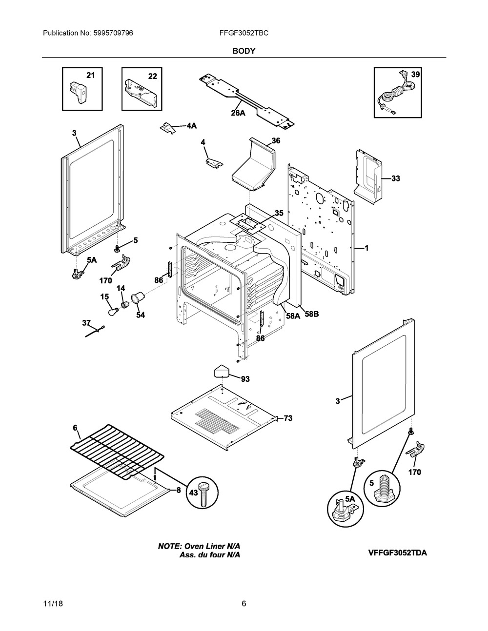 Body Diagram and Parts List for FFGF3052TBC  Frigidaire Range
