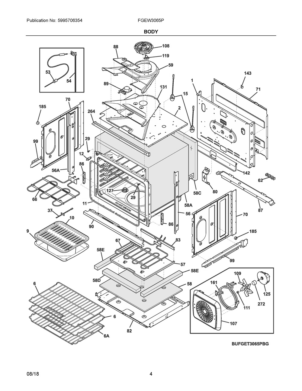 Body Diagram and Parts List for FGEW3065PWG  Frigidaire Wall Oven
