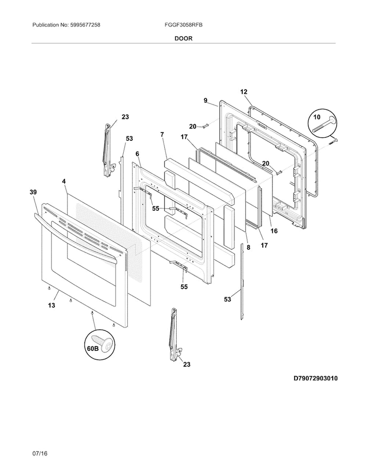 Door Diagram and Parts List for FGGF3058RFB  Frigidaire Range