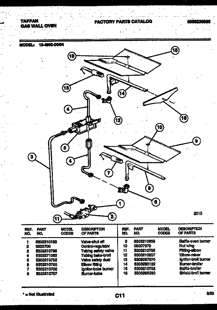 GAS CONTROL Diagram and Parts List for 12-4990-00-04  Tappan Wall Oven