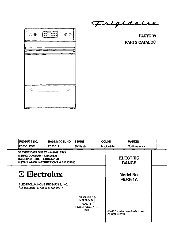 COVER Diagram and Parts List for FEF361AWE  Frigidaire Range