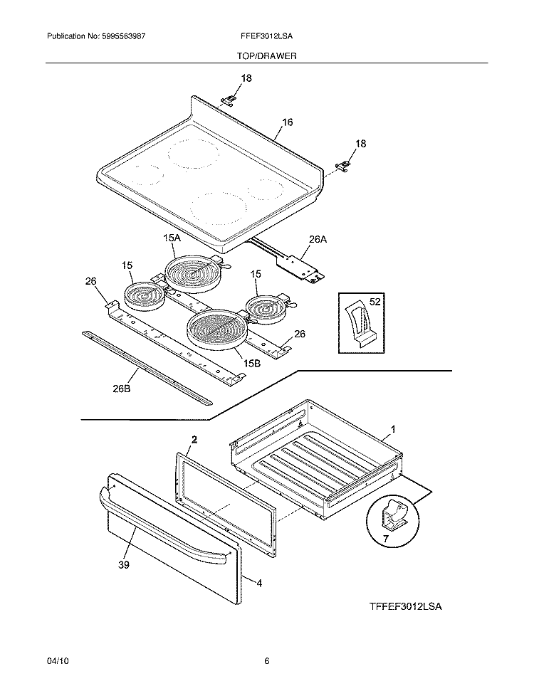 TOP/DRAWER Diagram and Parts List for FFEF3012LSA  Frigidaire Range