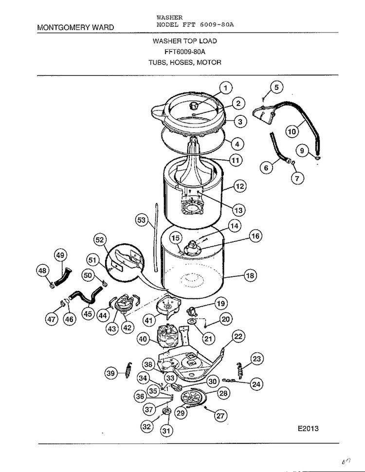 Tub, Hoses, Motor Diagram and Parts List for 6009-80A  Frigidaire Washer