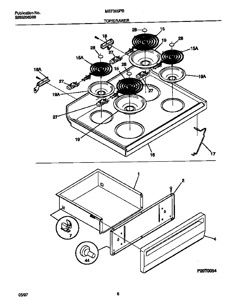TOP / DRAWER Diagram and Parts List for MEF305PBDF  Frigidaire Range