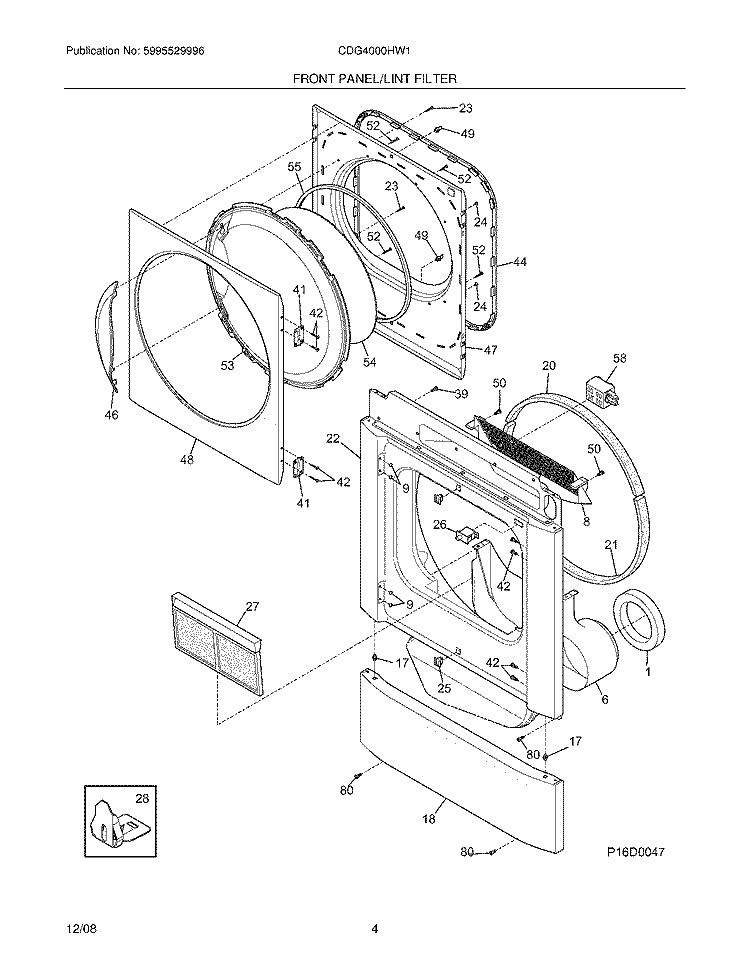 FRONT PANEL/LINT FILTER Diagram and Parts List for CDG4000HW1  Crosley Dryer