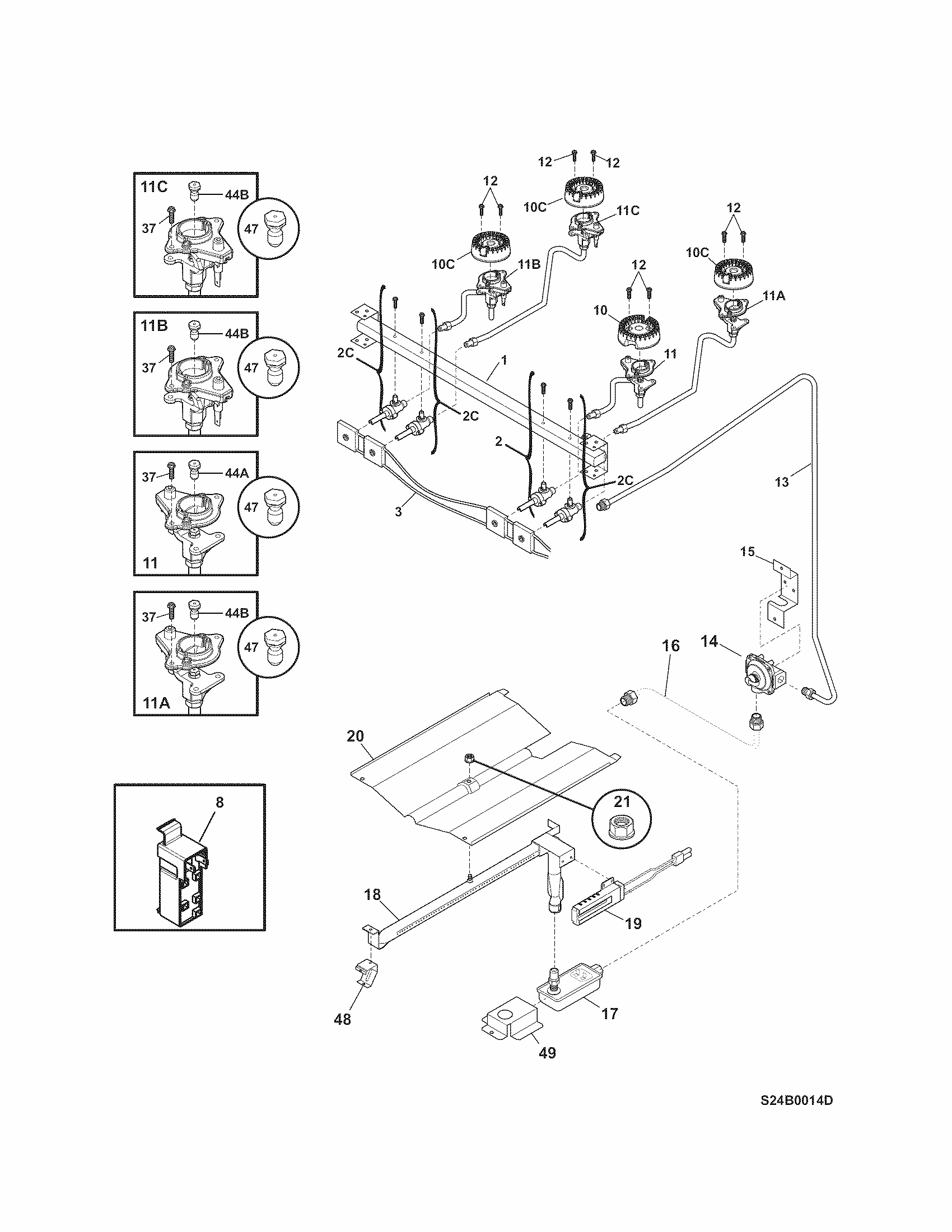 Burner Diagram and Parts List for 79073233310  Kenmore Range