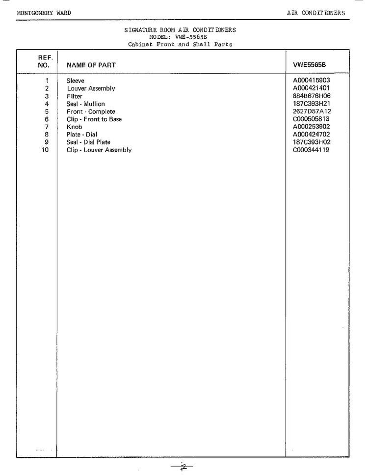 Cabinet Front/shell Page 2 Diagram and Parts List for 5565B  Frigidaire Air Conditioner