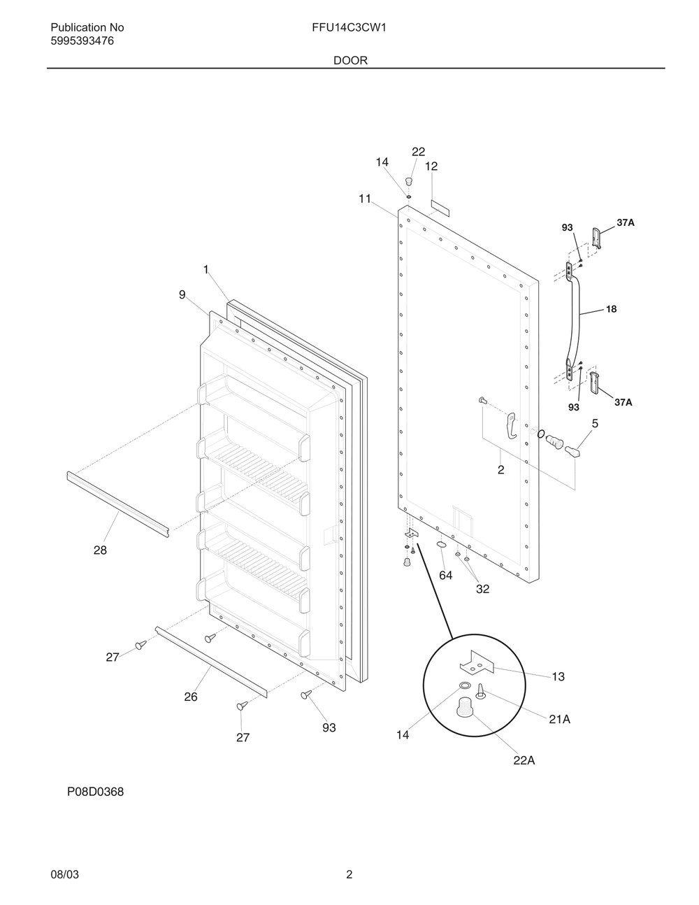 Door Diagram and Parts List for FFFU14C3CW1  Frigidaire Freezer