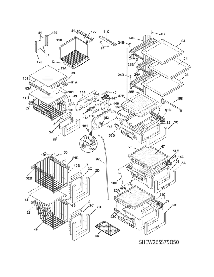 Shelves Diagram and Parts List for EW26SS75QS0  Electrolux Refrigerator