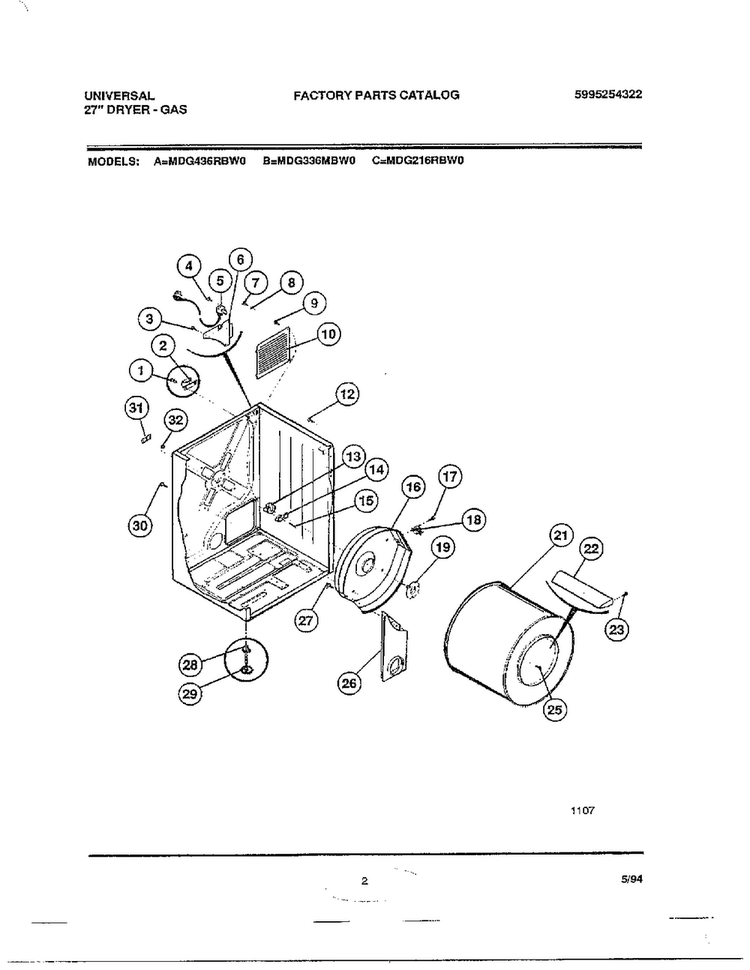 27" Dryer-gas Diagram and Parts List for MGD436RBW0  Frigidaire Dryer
