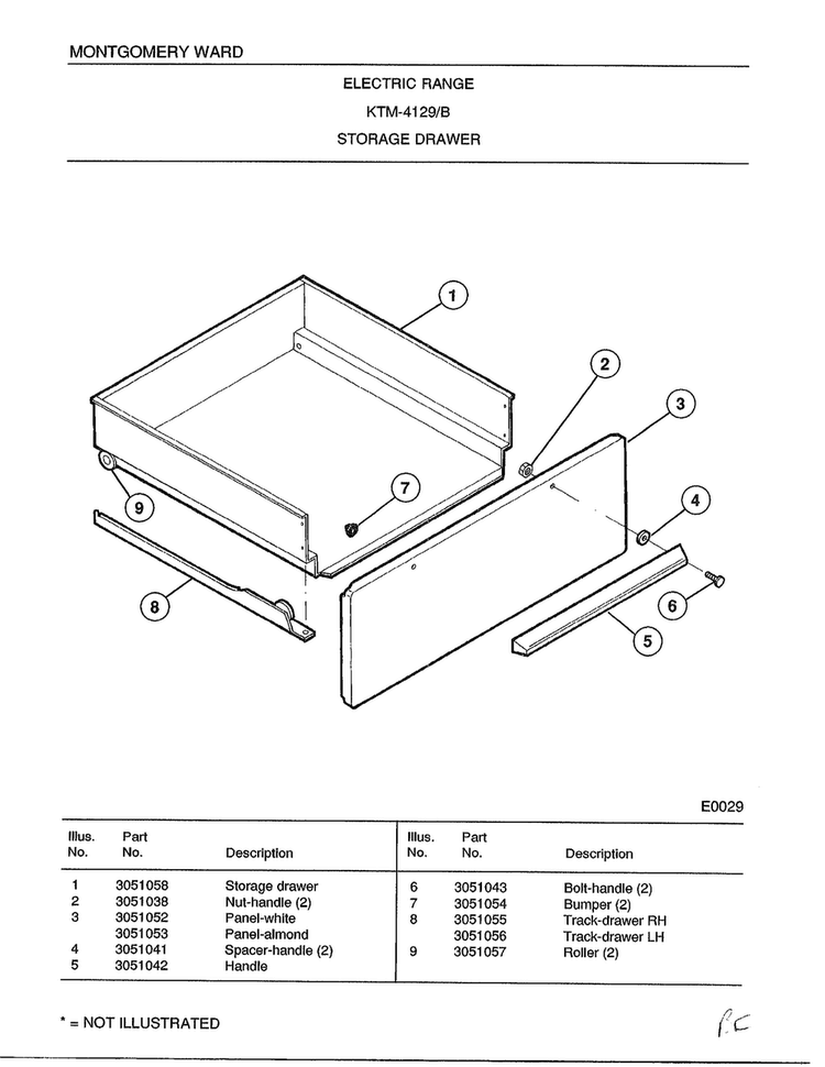 Electric Range/storage Drawer Diagram and Parts List for 4129B  Frigidaire Range
