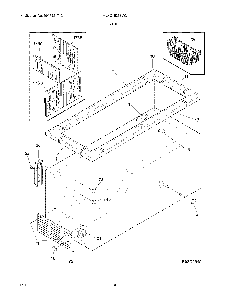 CABINET Diagram and Parts List for GLFC1526FW2  Frigidaire Freezer