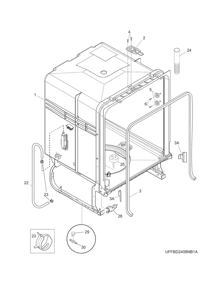 Tub Diagram and Parts List for LFBD2409LF0B  Frigidaire Dishwasher