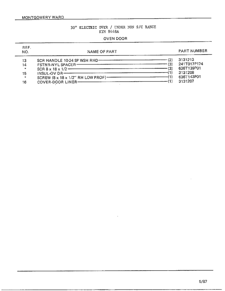 Oven Door Page 2 Diagram and Parts List for 8448A  Frigidaire Range