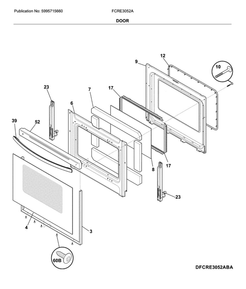 Door Diagram and Parts List for FCRE3052AWA  Frigidaire Range