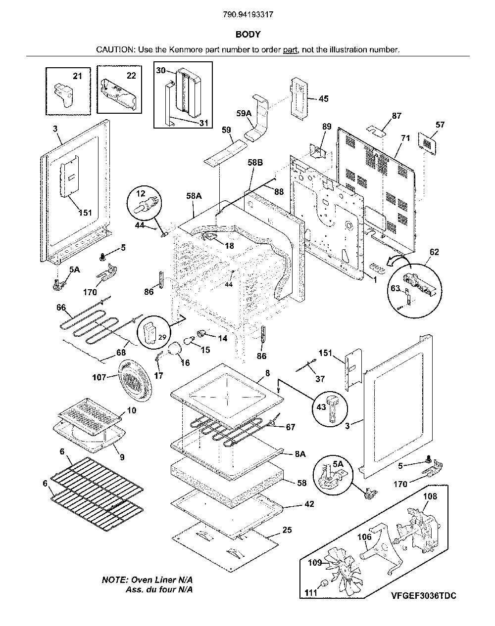 Body Diagram and Parts List for 79094193317  Kenmore Range
