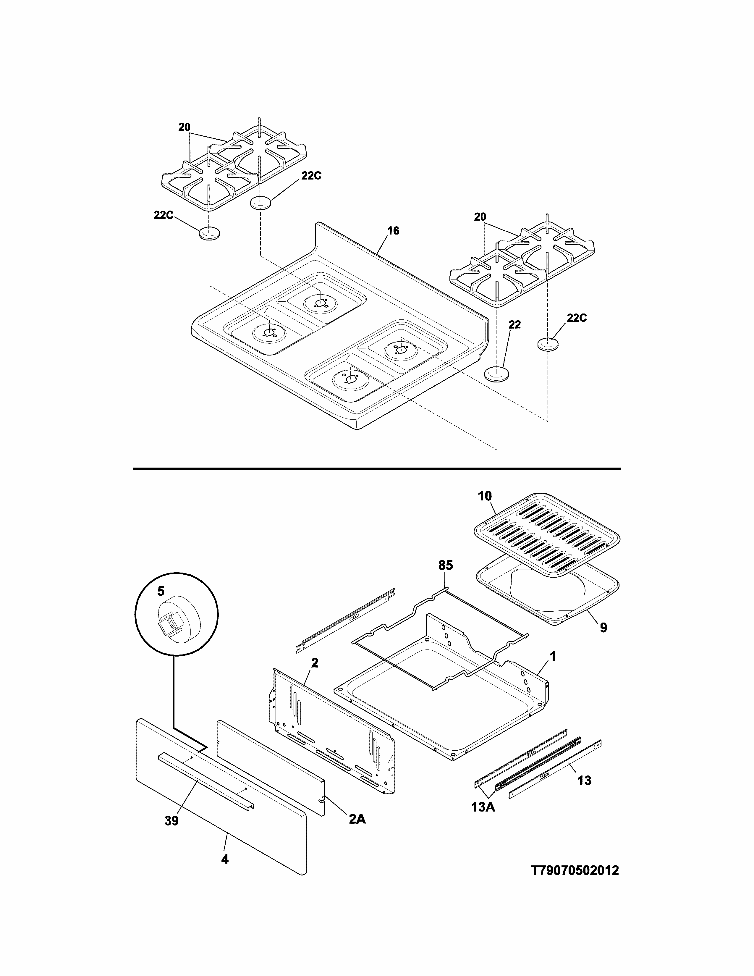 Top/drawer Diagram and Parts List for 79073239313  Kenmore Range