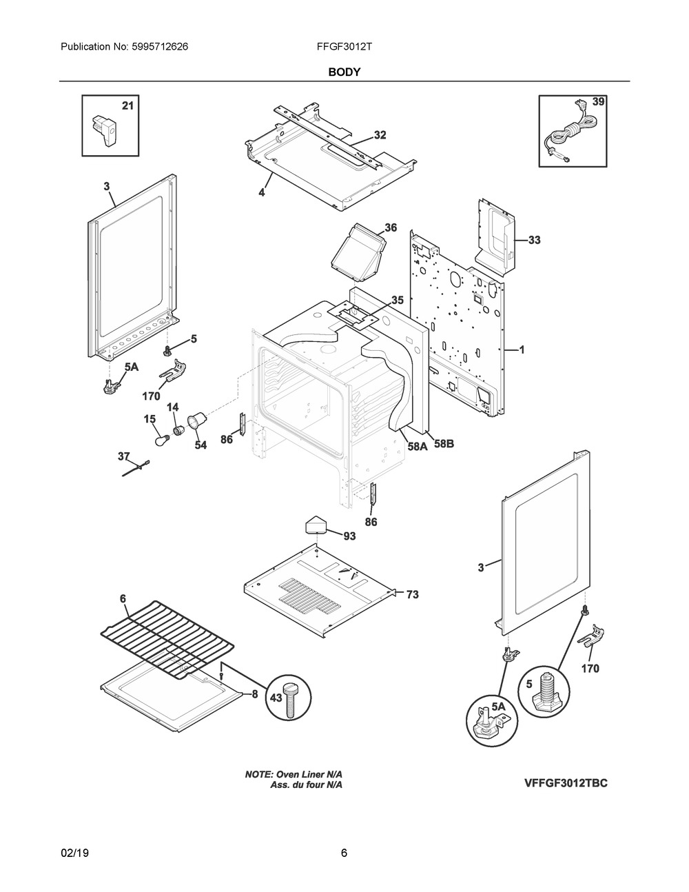 Body Diagram and Parts List for FFGF3012TWD  Frigidaire Range